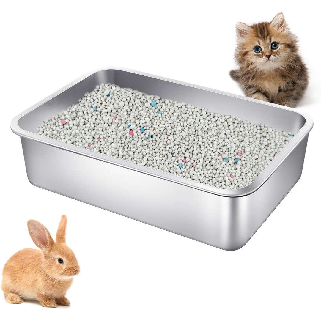 Stainless Steel Cat Litter Box Large Metal Litter Box Sturdy Kitty Cat Litter Pan For Pets Rustproof, No Smell, Non Stick, Smooth Surface, Easy To Clean (S, 15.7" L X 12" W X 3.9" H, 1P) Tucker Murphy Pet™
