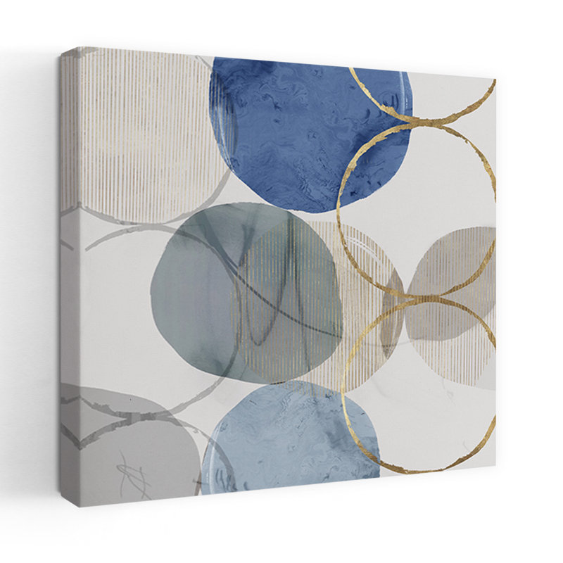 Art mural abstrait contemporain circulaire bleu et doré II, H 36 po x l 36 po