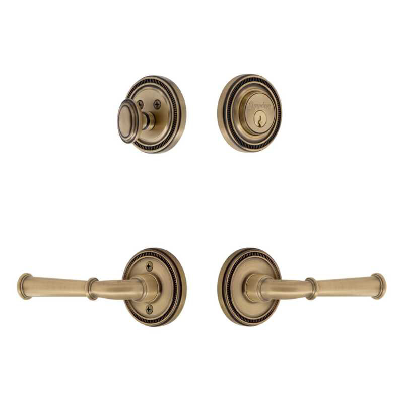 Grandeur Soleil Rosette Entry Set with Georgetown Lever in Antique Pewter, 2.375", Vintage Brass, Right Handed