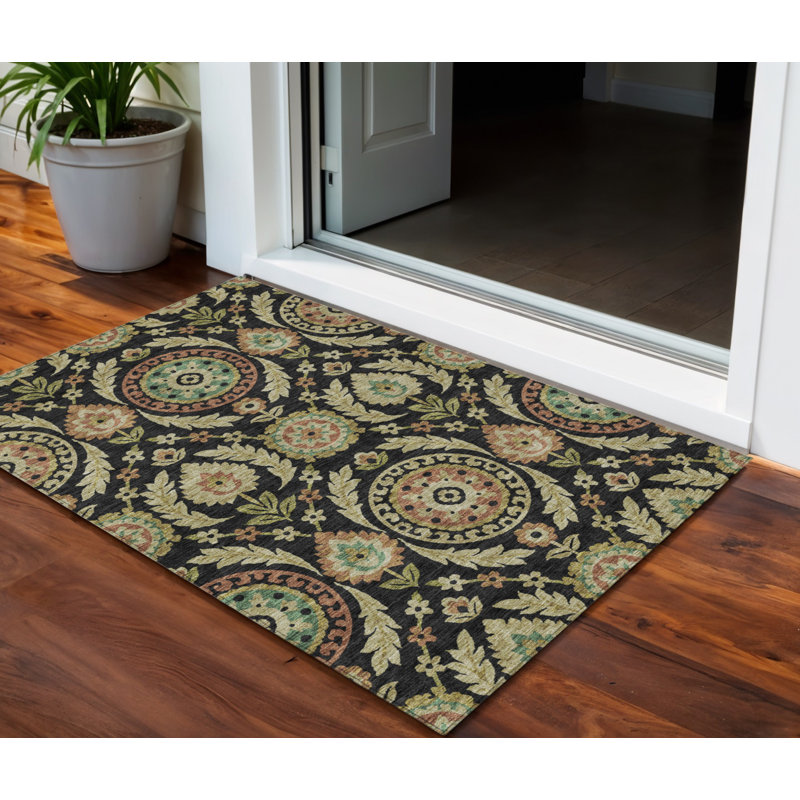 Tapis intérieur lavable floral 3 pi x 5 pi or noir et cuivre