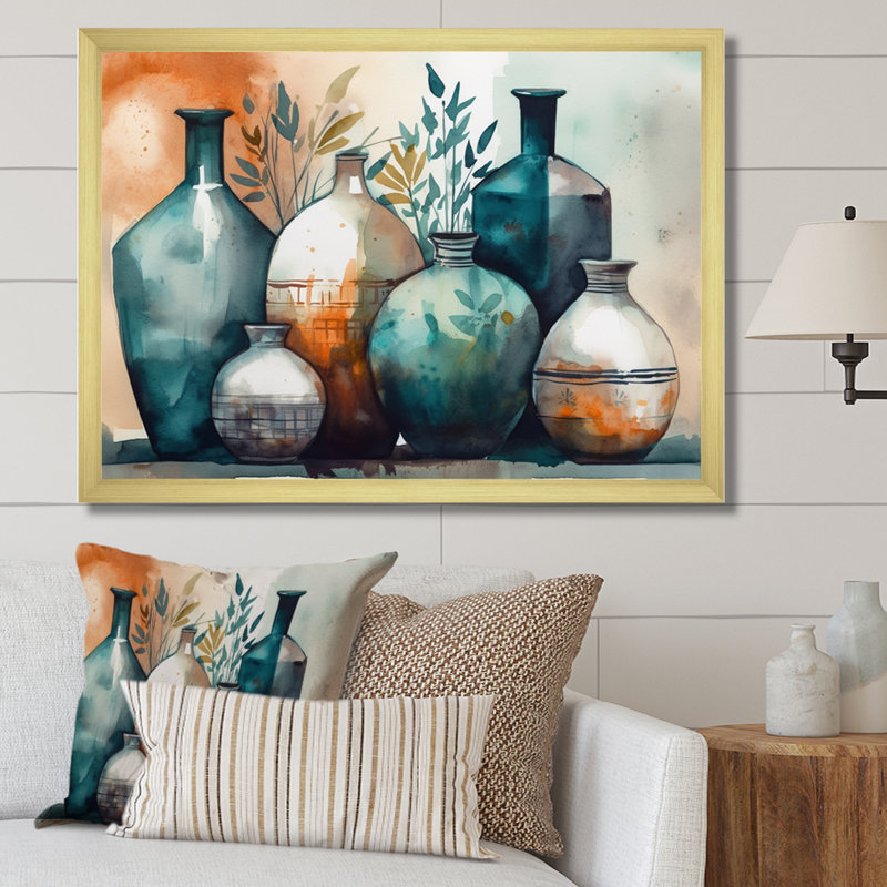 «Keitha Green and Orange Artisanal Boho Pottery II», reproduction sur toile, H 12 po x l 20 po x P 1 po, Encadrement doré