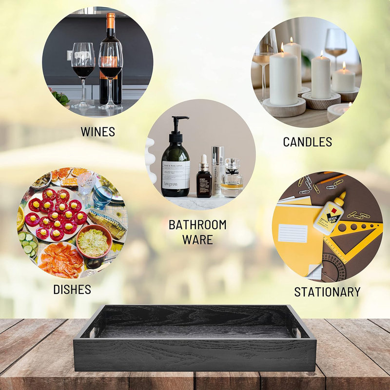 Wooden Serving Tray With Handles - Large Rectangle Ottoman Tray For Breakfast, Drinks, And Decor - Durable MDF With Wood Grain Veneer - Spill Proof Design For Kitchen, Living Room, Bathroom