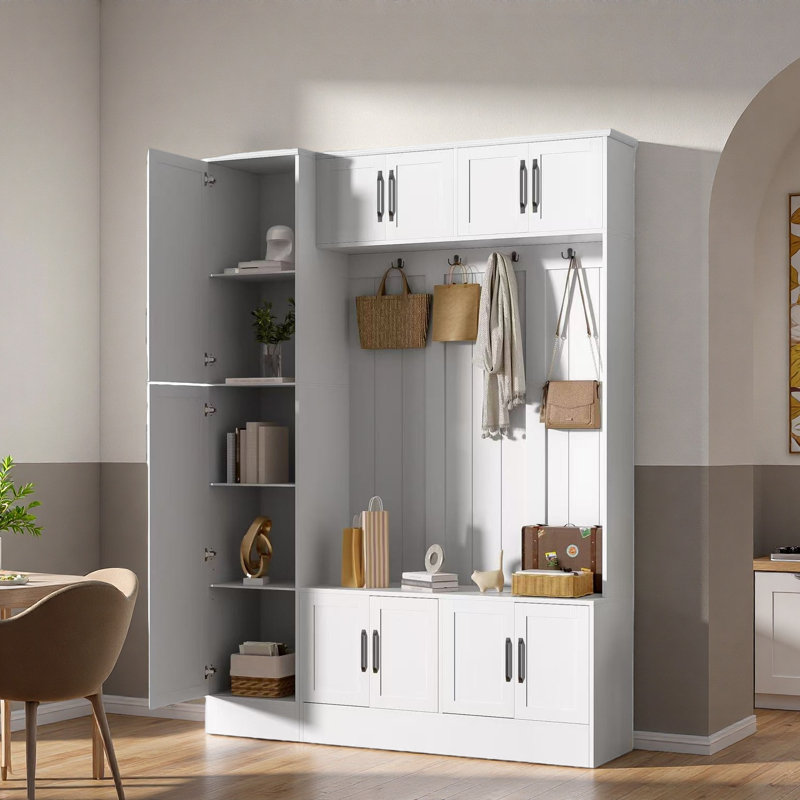 4-in-1 Tall Modern Hall Tree With Shoe Storage,  Cabinets, Coat Hooks, Metal Handles And Adjustable Shelves, White