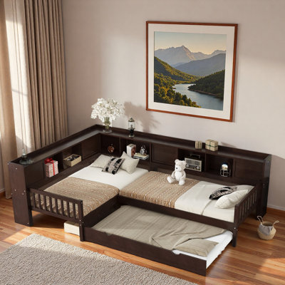L-shaped Platform Bed With Trundle, Storage Drawers And Shelves