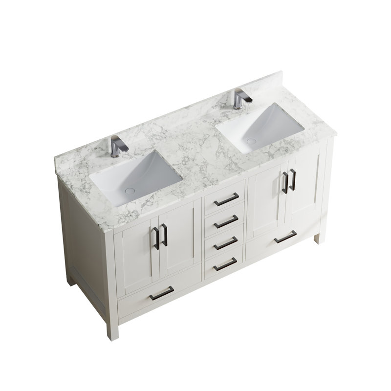 Meuble-lavabo de salle de bain 59 po avec lavabo double et trou pour robinet 59 po Premium, meuble-lavabo de salle de bain avec 4 portes et 6 tiroirs en blanc