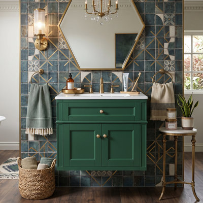 Modern 24" Wall-mounted Bathroom Vanity With Ceramic Sink, Tip-Out Drawer & 2 Soft-Close Doors With Organizers