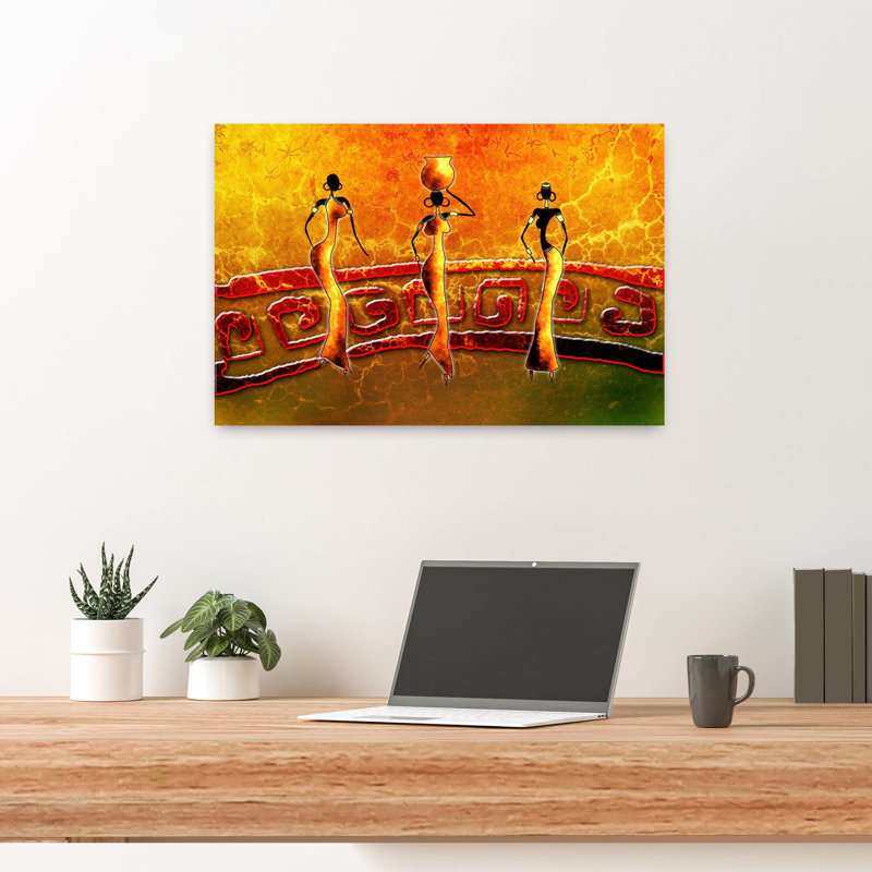 African Tribal Women Abstract Modern Traditional Landscape Nature Wall Art, 16" H x 24" W