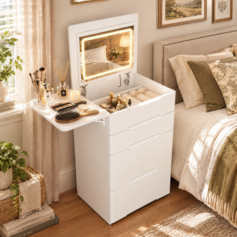 Hirst Solid and Manufactured Wood Vanity Desk with Adjustable Mirror