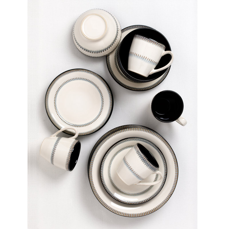 White Ceramic Bohemian 16-Piece Dinnerware Set with Trim Embellishment