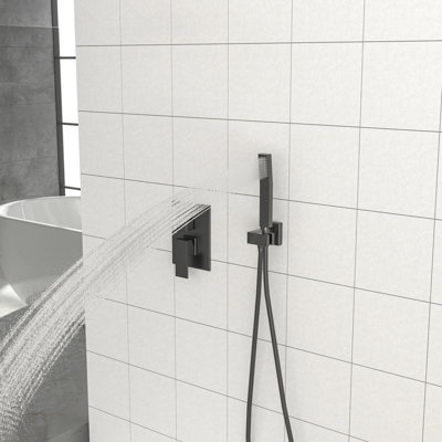 Ceiling Mount, 10 Inch Square, Dual Shower Head , Matte Black, - Scald Protection, Rainfall Shower, Easy To Clean Nozzle Head, Balanced Valve, Spray Pattern, 360° Adjustability