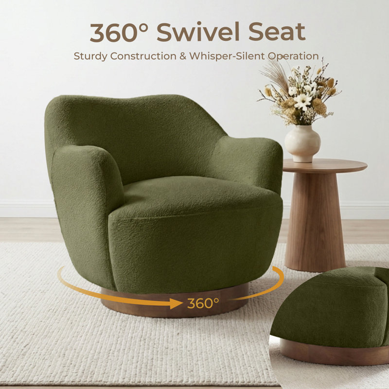 Modern Upholstered Swivel Barrel Chair With Solid Wood Base, Green