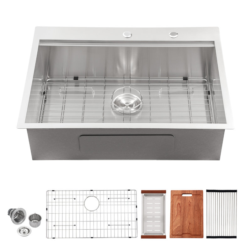 Workstation Drop-In Kitchen Sink Single Bowl Stainless Steel Handmade Kitchen Sink with Two Faucet Holes, 30" L x 22" W