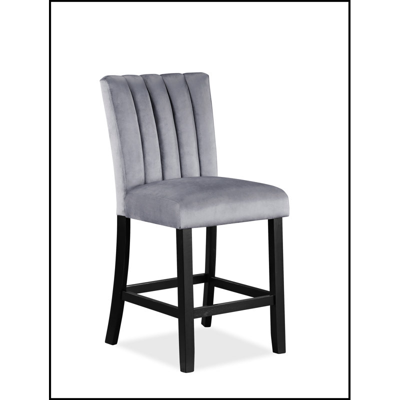 2pc Casual Upholstered Counter Height Chairs with Velvet Tufted Back and Wooden Frame, Grey and Black