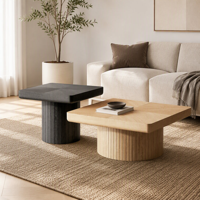 Ensemble de deux tables basses en bois naturel et noir, table d'appoint centrale minimaliste à base cylindrique rainurée, table gigogne multifonctionnelle pour salon