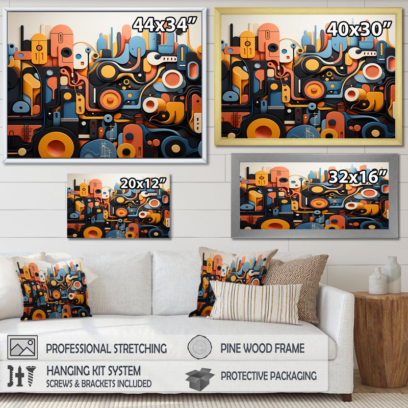 Fusion abstraite bleue et jaune, formes abstraites - Art mural abstrait, Cadre d'angle fermé doré, H 16 po x l 32 po x P 1 po