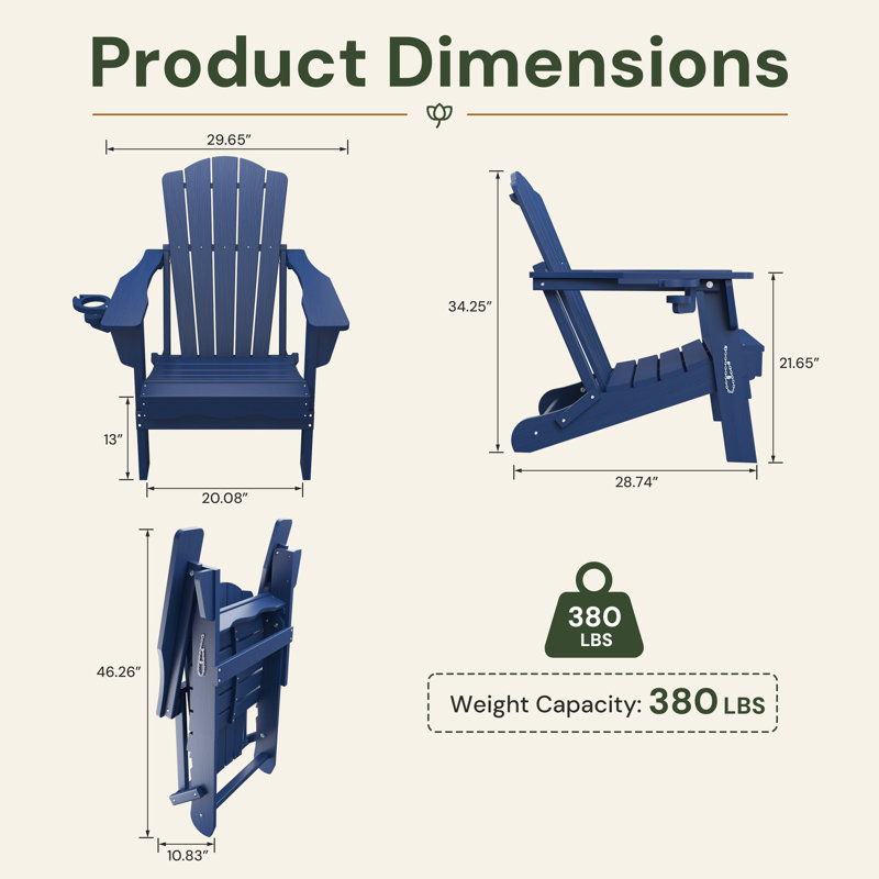 Cyani Folding Adirondack Chair with Cup Holder,HDPE Outdoor Chair with Comfort Ergonomic Seat for Patios,Lawn,Garden, Backyard Use