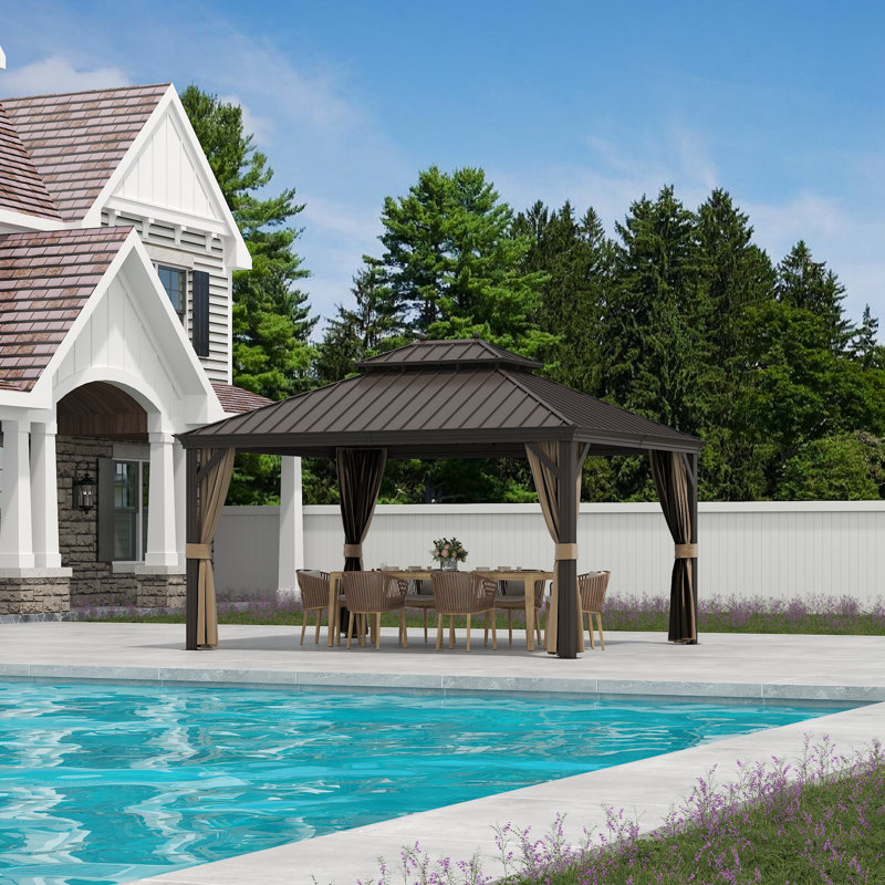 Pavillon de jardin en aluminium à toit rigide avec toit en acier galvanisé à double évent - comprend une moustiquaire et des rideaux d'intimité - pour la cour, le jardin, la terrasse et le bord de la piscine