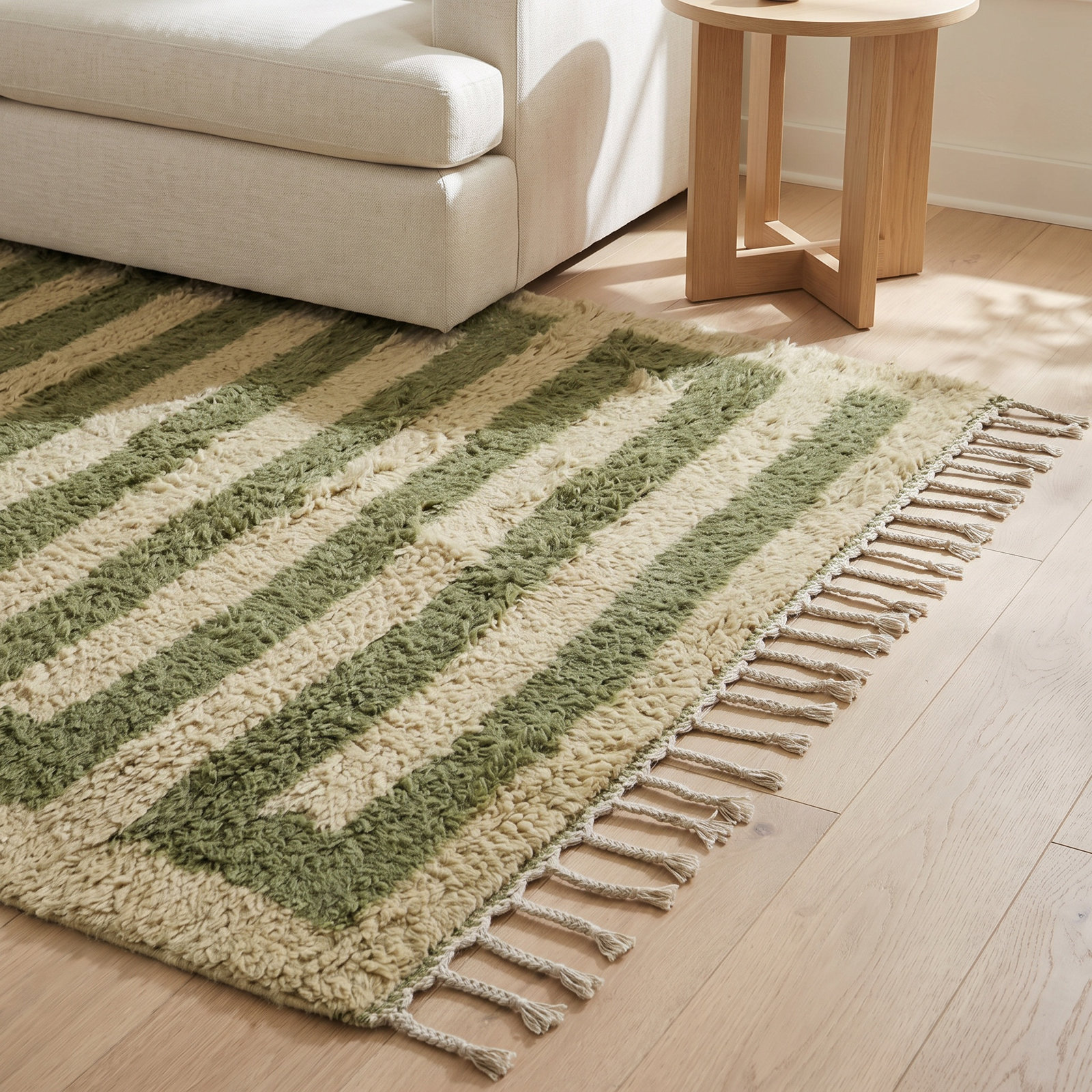 Essi Green Tan Hand-Woven Geometric Wool Rug, Rectangle 8' x 10'
