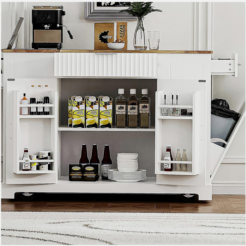 K&K Fluted Kitchen Island with Trash Can Storage Cabinet, Power Outlet, Internal Storage Rack, Rolling Kitchen Islands on 5 Wheels with 3 Drawer, 3 Open Side Racks for 10 Gallon Garbage Bin, White