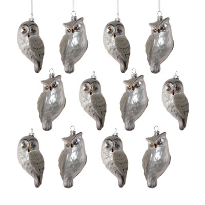 Ornements de Noël en verre argenté et gris en forme de hibou aux ailes floquées, 2 modèles assortis, lot de 12