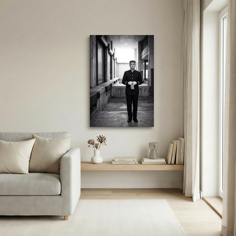 «Black and White Uniformed Man in Concrete Walkway», art mural, 36"H x 24"W