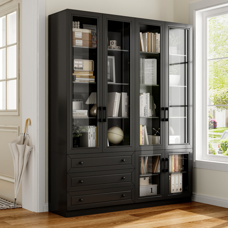 63" Glass Door Display Bookcase Cabinet With LED Lighting, Black