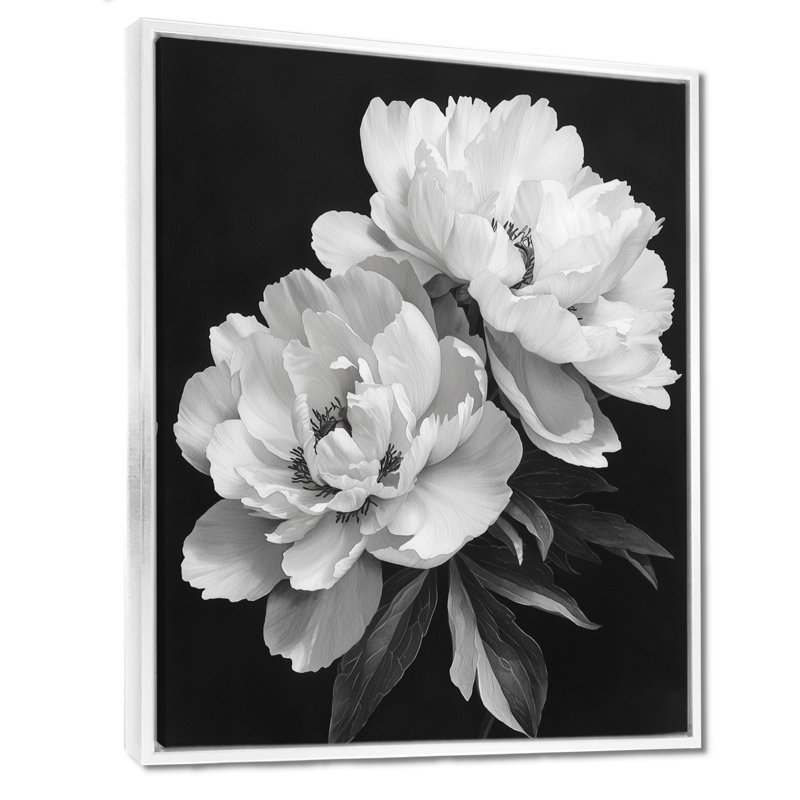Monocrhome pivoines avec veines foncées I - pivoines, art mural encadré, H 32 po x l 16 po, Reproduction avec cadre flottant