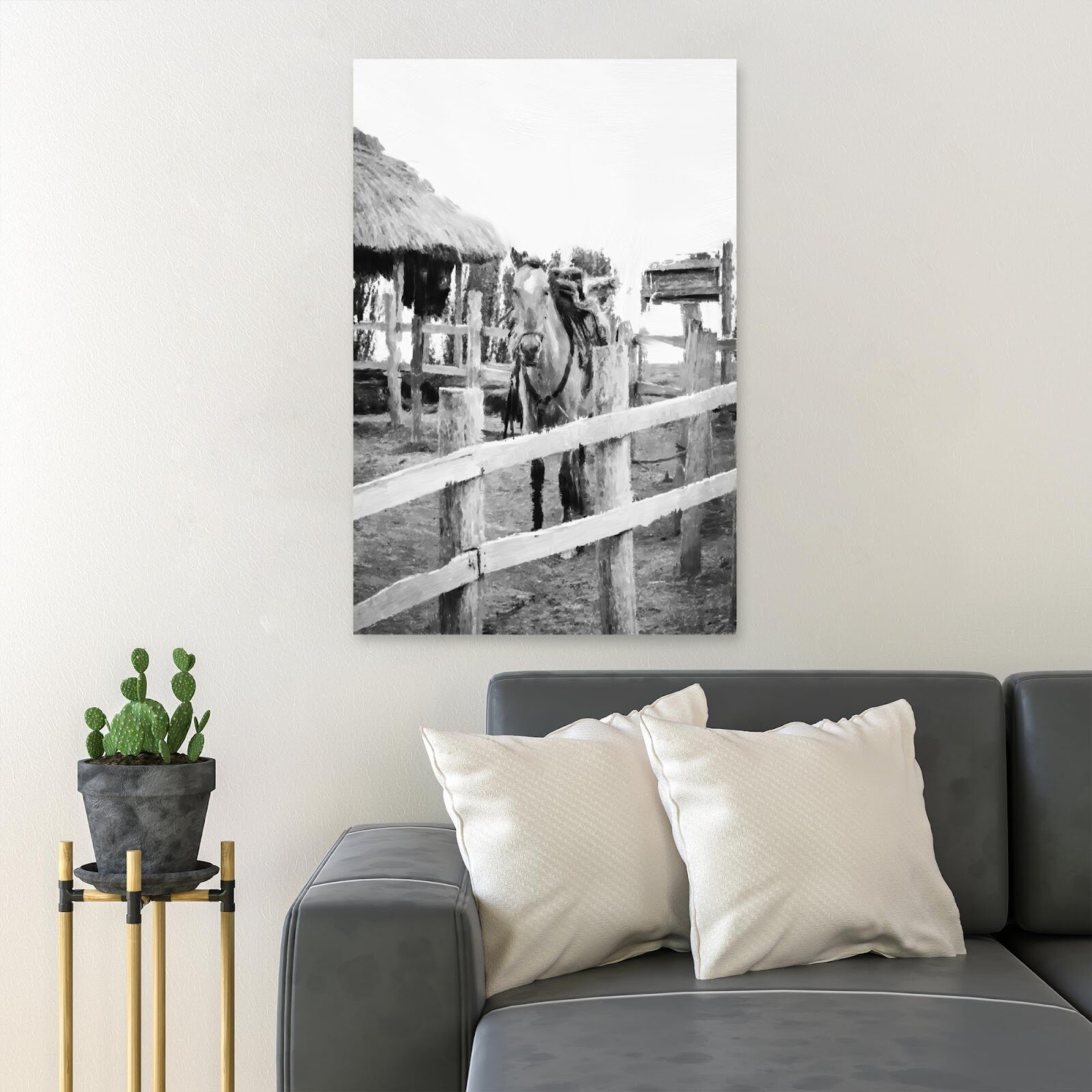 Grayscale Photo Of 2 Horses On Wooden Fence On Canvas Painting
