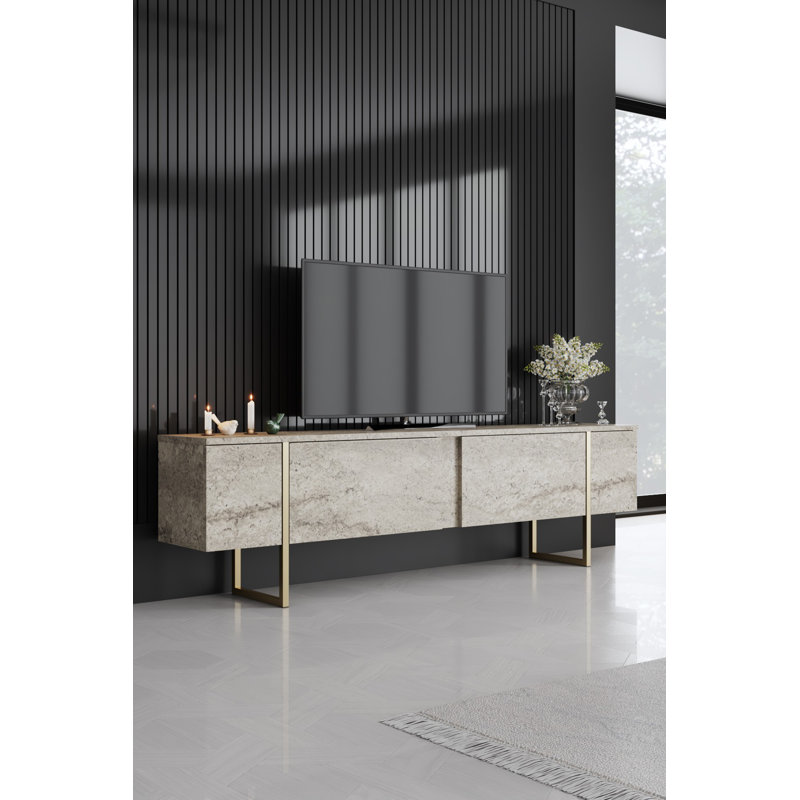 Modern TV Stand with Metal Legs, Travertine & Gold Finish, 70.9 x 11.8 x 19.7 inches | 100% Melamine Coated Particle Board, Thickness: 0.7 inches | Stylish Design for Living Room, Elegant & Durable
