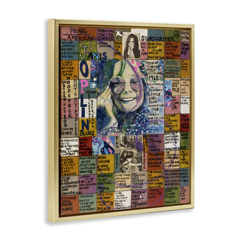 Janis Joplin, art mural encadré sur toile flottante par Sabin, H 31 po x l 25 po, Cadre flottant noir de jais