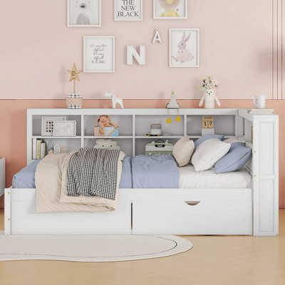 Wooden Full Size Daybed With 2 Drawers, Daybed With Storage Shelf And USB Charging Ports,White(Old SKU: N733S170505K)