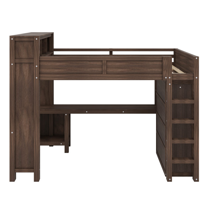 Multifunctional Loft Bed Featuring Storage Headboard, Closet, and Workstation, Brown
