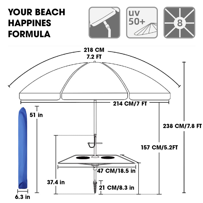 Parasol de plage de 84 po avec table intégrée avec ancre de sable et inclinaison, Bleu