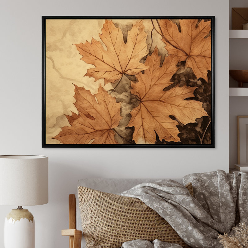 «Brown Beige Leafs Harmony I», reproduction sur toile, H 34 po x l 44 po x P 1,5 po, Cadre flottant noir