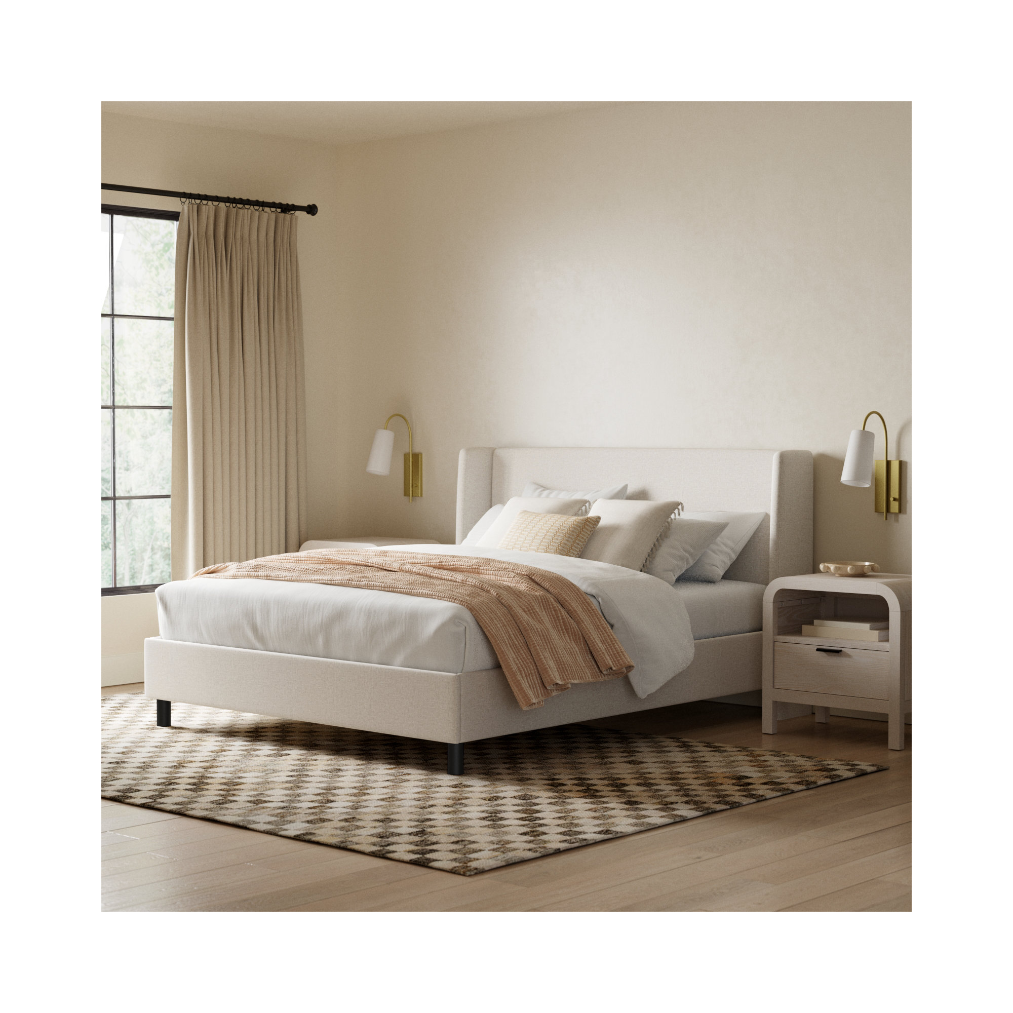 Tilly Upholstered Low Profile Platform Bed, California King, Zuma White Textured Linen