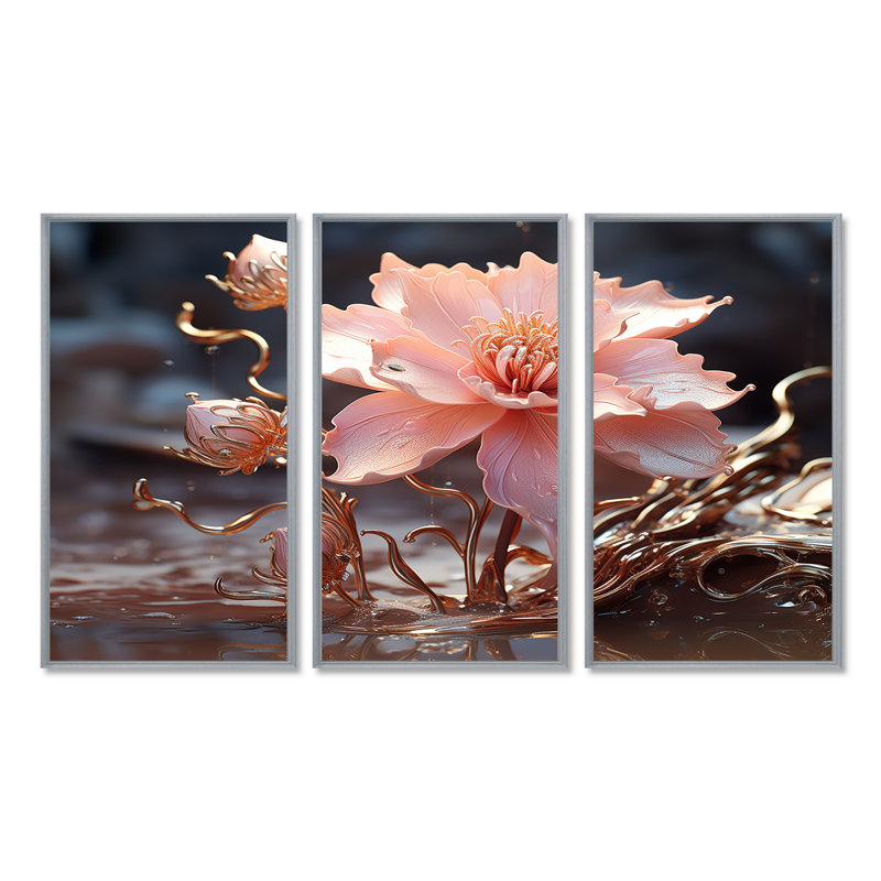 Klerken - ensemble d'art mural rose, Encadrement argenté, H 32 po x l 48 po x P 1 po