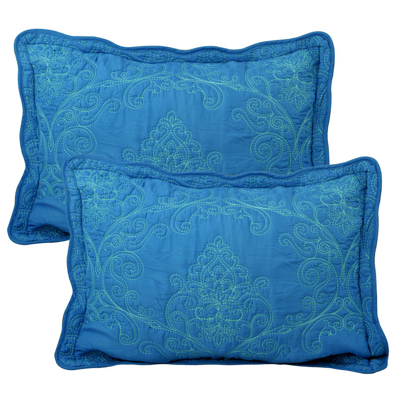 4 Piece Damask Oversized Embroidery Bedspread Set, King Quilt + 2 King Shams + Throw Pillow, Bleu palais