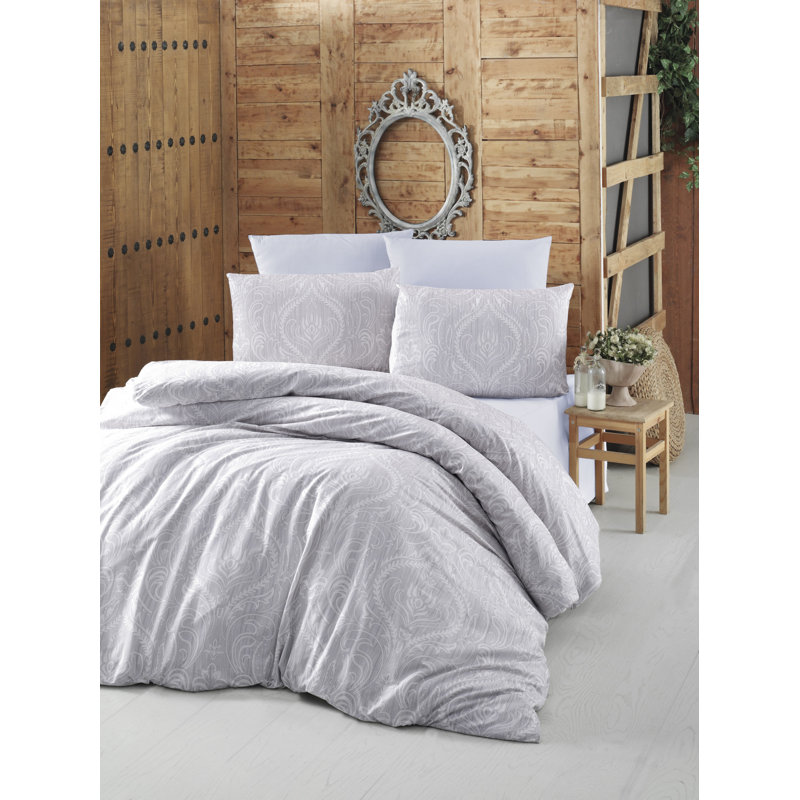 Ensemble de housse de courtepointe Luxury Ranforce King, 100% coton, gris et blanc | Housse de couette 102,4 po x 86,6 po, 2 taies d'oreiller 19,7 po x 35,4 po | 145 fils, fermeture à boutons | Lavable à la machine, doux et respirant