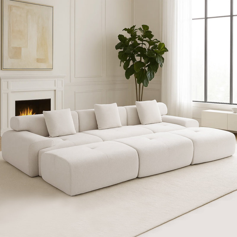 Boneless Corduroy Modern Compressed Block Sectional Couch, Beige Corduroy