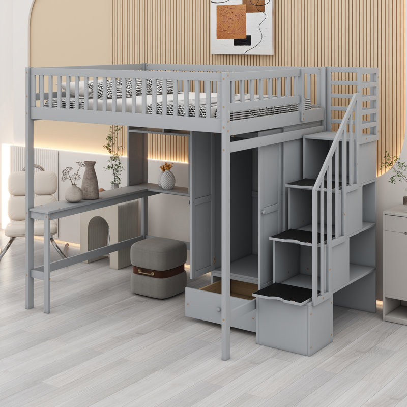 Loft Bed With Bookshelf,Drawers,Desk,And Wardrobe, Gray