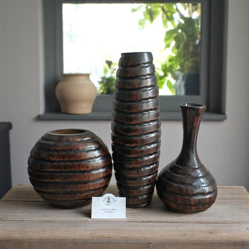 Hosley's Set of 3 Carved Wood Vases Small 6" Medium 8" and Tall 12" High. Ideal Gift for Floral Arrangements Wedding and Use for Home Office Decor Fireplace Floor Vases Spa Aromatherapy Settings
