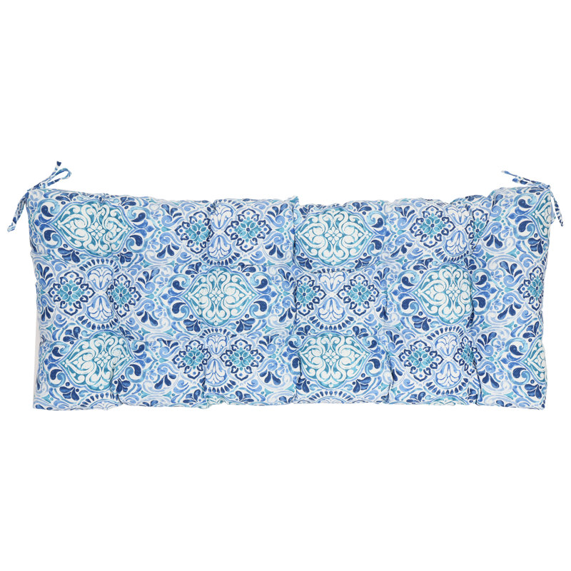 Tufted Outdoor Bench Cushion, 51" W x 19" D, White/Blue/Fiorella Baltic Moroccan