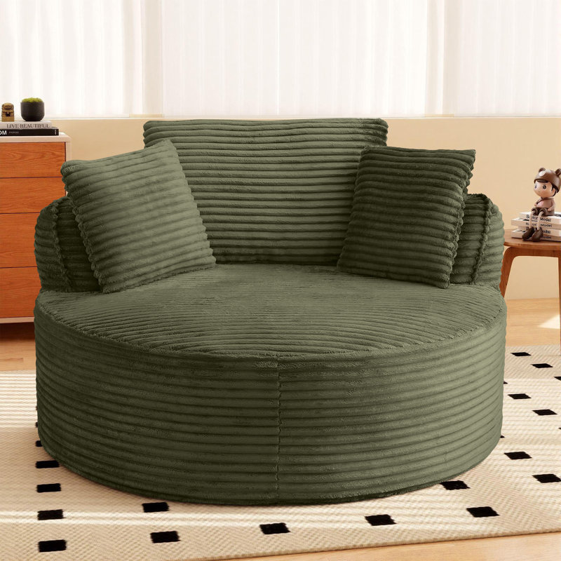 53" Oversized Compression Round Accent Chair – Plush Corduroy Upholstery Chaise Longue Chair Indoor, Black