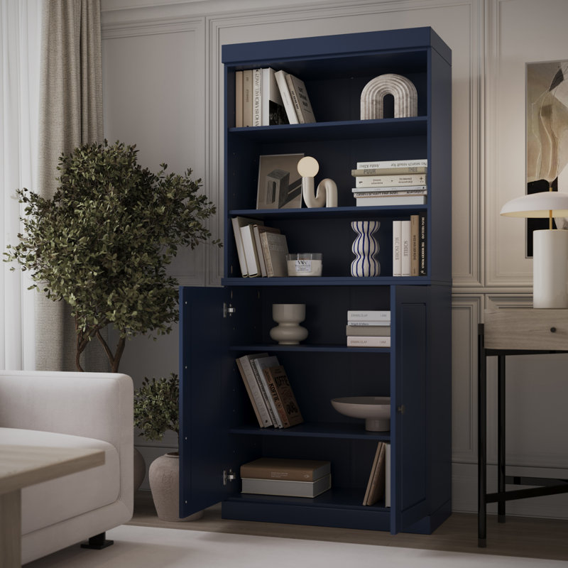 Victorya Palace Imports 100% Solid Wood 6-Shelf Bookcase, Raised Panel Doors, Adjustable Shelves, 32" Wide, 71.5" Tall, Navy