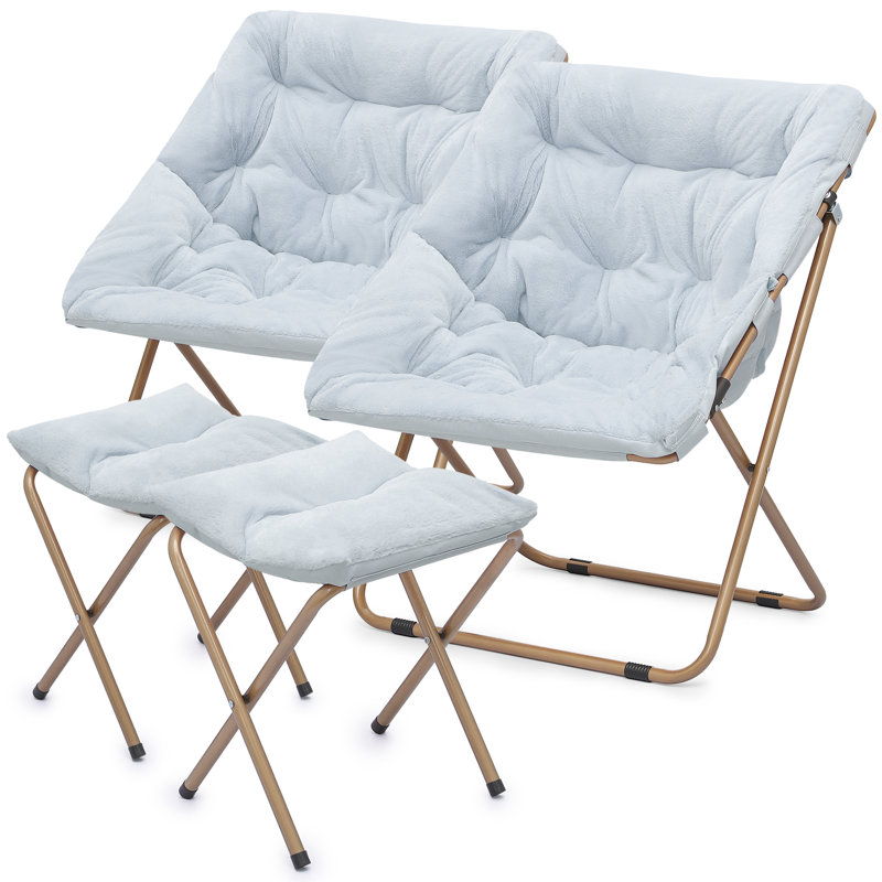 Ariadnna Saucer Chair Folding Accent Moon Chair with Metal Frame Cozy Lounge Chair for Living Room, Blue Faux Fur, Yes