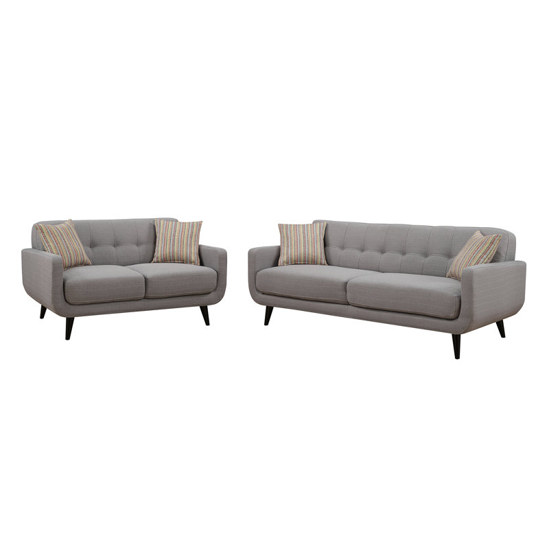 Ensemble de canapé et causeuse, mélange de polyester, pieds en bois massif, rembourrage en mousse haute densité avec coussins décoratifs et conception matelassée