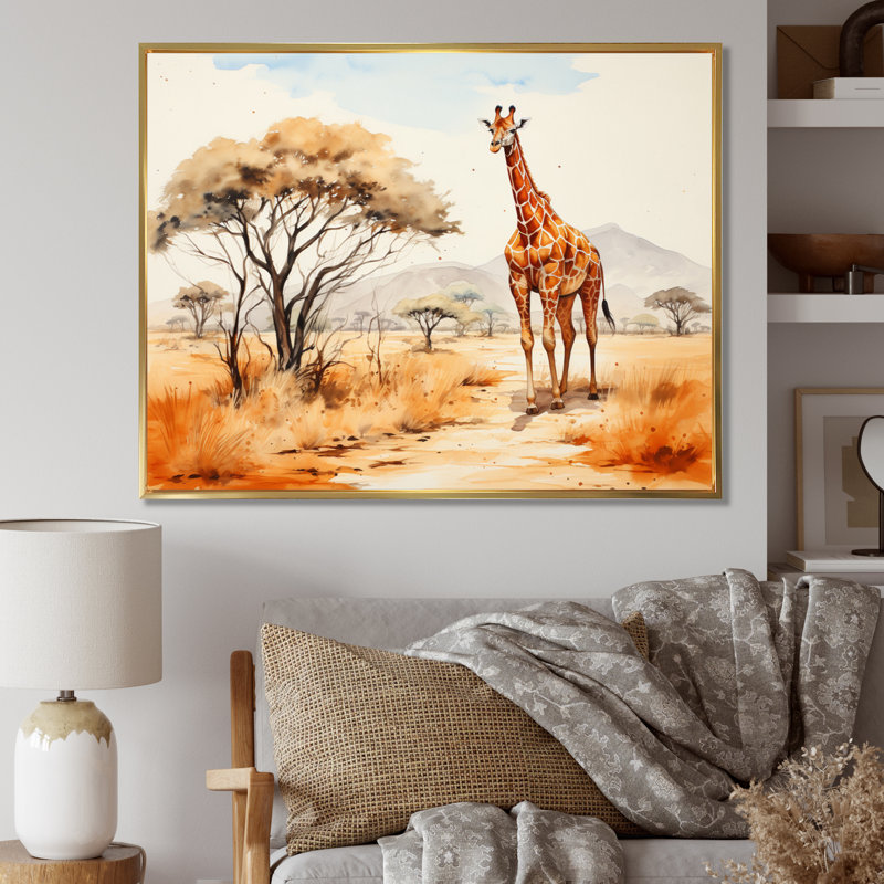 «Orange Orange Beige Girrafe Walk in African Landscape», reproduction sur toile, H 16 po x l 32 po x P 1 po