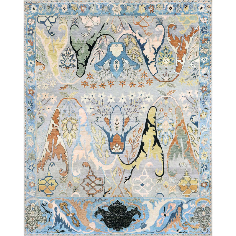Tapis rectangulaire en laine noué à la main en argent / brun / bleu clair, Rectangle 6 pi x 9 pi
