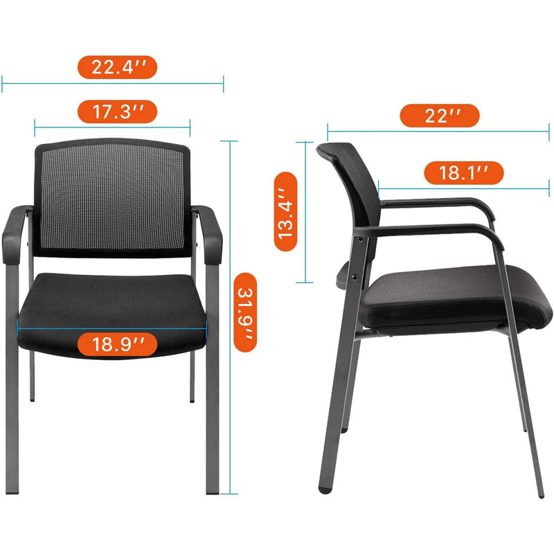  Mesh Back Stacking Arm Chairs with Upholstered Fabric Seat and Lumbar Support 2 Pack, Black
