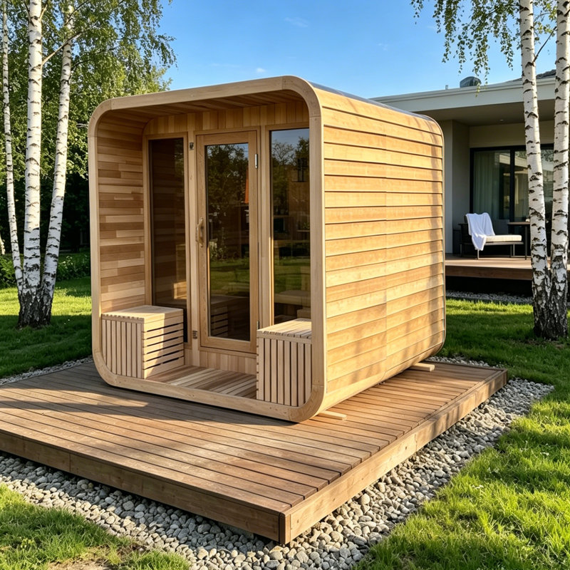 Smartmak® 6-8 Person Outdoor Wood Steam Sauna Room with Porch Design, Traditional Canadian Red Cedar Wooden Saunas Spa, ETL-Certified Heater, Rocks, Light, Headrest, Backrest, 195℉